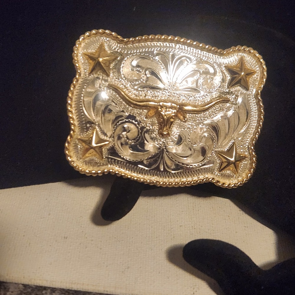 Justin Silver Western Longhorn Belt Buckle Gold Tone Stars Two Tone Engraved